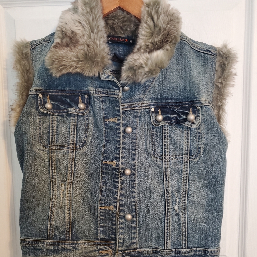 Vanilla Star Blue Jean Jacket with Faux Fur Trim